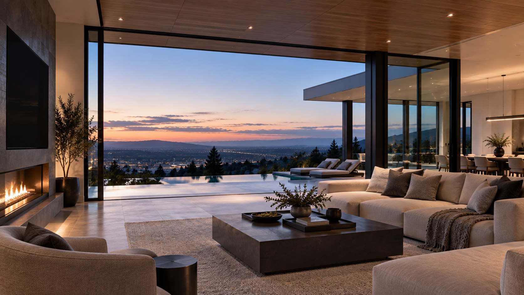 A completed luxury interior photograph at twilight